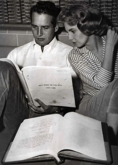 Paul Newman and Joanne Woodward reading the script for ‘Rally Round The Flag Boys’, 1958.