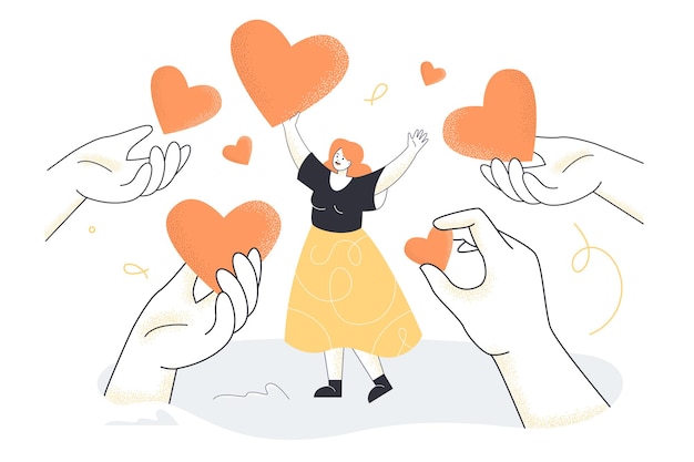 Vector hands giving hearts to happy tiny woman